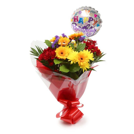 Birthday Balloon & Dazzle Star FlowersThis Beautiful Bouquet with Balloon , carefully selected flowers with foliage are expertly arranged to create this dramatic design. This stunning gift is the ultimate gift to create an impression. Beautifully wrapped