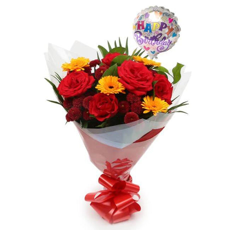 Birthday Balloon & Red Sun FlowersThis Beautiful Bouquet with Balloon, carefully selected flowers with foliage are expertly arranged to create this dramatic design. This stunning gift is the ultimate gift to create an impression. Beautifully wrapped and t