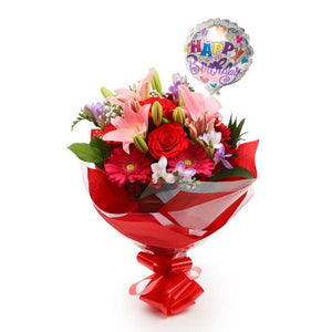 Birthday Balloon & Red & Pink Delight Flowers