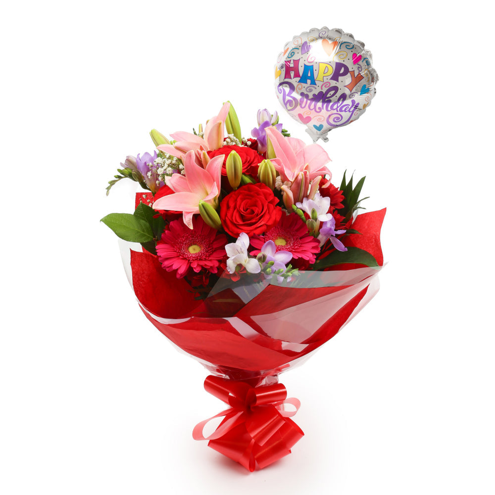 Birthday Balloon & Red & Pink Delight FlowersThis Beautiful Bouquet with Balloon , carefully selected flowers with foliage are expertly arranged to create this dramatic design. This stunning gift is the ultimate gift to create an impression. Beautifully w