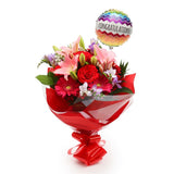 Congratulations Balloon & Red & Pink Delight FlowersThis Beautiful Bouquet with Balloon , carefully selected flowers with foliage are expertly arranged to create this dramatic design. This stunning gift is the ultimate gift to create an impression. Beauti