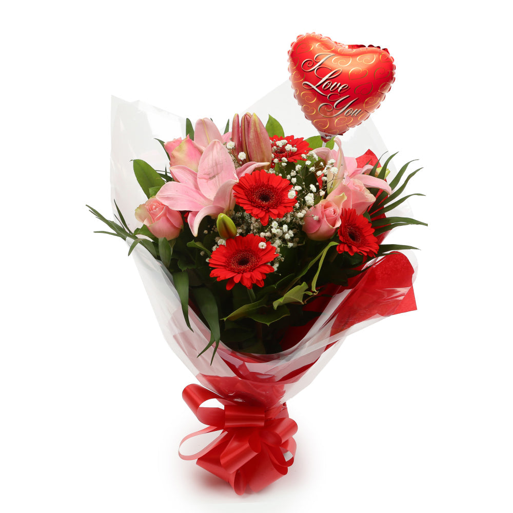 Love You Balloon & Pink Red Deluxe BouquetThis Beautiful Bouquet, carefully selected flowers with foliage are expertly arranged to create this dramatic design. This stunning gift is the ultimate gift to create an impression. Beautifully wrapped and tied w