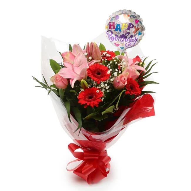 Birthday Balloon & Pink Red Deluxe FlowersThis Beautiful Bouquet, carefully selected flowers with foliage are expertly arranged to create this dramatic design. This stunning gift is the ultimate gift to create an impression. Beautifully wrapped and tied w