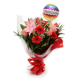 Congratulations Balloon & Pink Red Deluxe Flowers