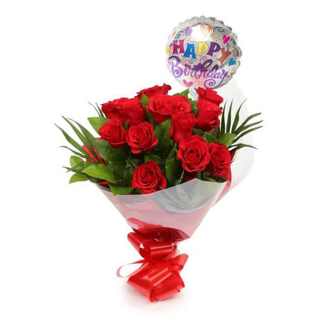 Birthday Balloon & 12 Red Roses FlowersThis Beautiful Bouquet, carefully selected flowers with foliage are expertly arranged to create this dramatic design. This stunning gift is the ultimate gift to create an impression. Beautifully wrapped and tied with