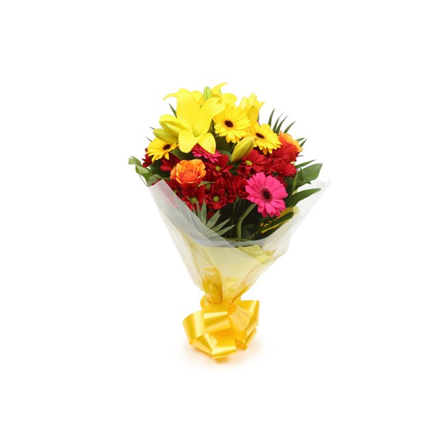 Warm Sunset BouquetThis Beautiful Bouquet, carefully selected flowers with foliage are expertly arranged to create this dramatic design. This stunning gift is the ultimate gift to create an impression. Beautifully wrapped and tied with ribbon before being