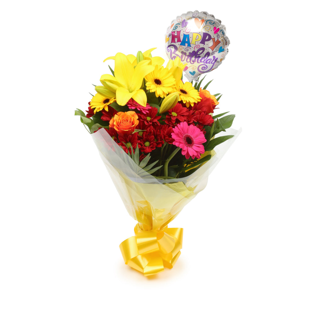 Birthday Balloon & Warm Sunset FlowersThis Beautiful Bouquet, carefully selected flowers with foliage are expertly arranged to create this dramatic design. This stunning gift is the ultimate gift to create an impression. Beautifully wrapped and tied with