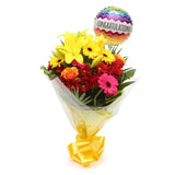 Congratulations Balloon & Warm Sunset FlowersThis Beautiful Bouquet, carefully selected flowers with foliage are expertly arranged to create this dramatic design. This stunning gift is the ultimate gift to create an impression. Beautifully wrapped and tie