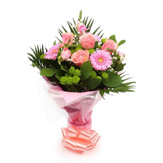Cherished Pink Flowers BouquetThis Beautiful Bouquet, carefully selected flowers with foliage are expertly arranged to create this dramatic design. This stunning gift is the ultimate gift to create an impression. Beautifully wrapped and tied with ribbon b