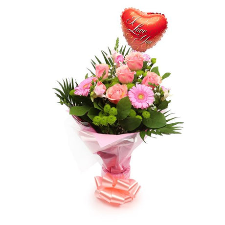 Love You Balloon & Cherished Pink BouquetThis Beautiful Bouquet, carefully selected flowers with foliage are expertly arranged to create this dramatic design. This stunning gift is the ultimate gift to create an impression. Beautifully wrapped and tied wi
