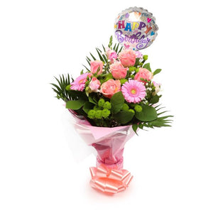 Birthday Balloon & Cherished Pink Bouquet Flowers