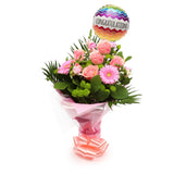 Congratulations Balloon & Cherished Pink FlowersThis Beautiful Bouquet, carefully selected flowers with foliage are expertly arranged to create this dramatic design. This stunning gift is the ultimate gift to create an impression. Beautifully wrapped and