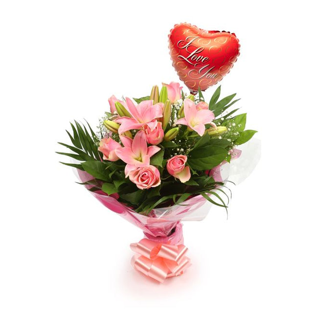 Love Balloon & Pink Jewel BouquetThis Beautiful Bouquet with Balloon, carefully selected flowers with foliage are expertly arranged to create this dramatic design. This stunning gift is the ultimate gift to create an impression. Beautifully wrapped and ti