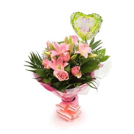 Get Well Balloon & Pink Jewel Bouquet FlowersThis Beautiful Bouquet with Balloon, carefully selected flowers with foliage are expertly arranged to create this dramatic design. This stunning gift is the ultimate gift to create an impression. Beautifully wr