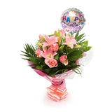 Birthday Balloon & Pink Jewel FlowersThis Beautiful Bouquet with Balloon, carefully selected flowers with foliage are expertly arranged to create this dramatic design. This stunning gift is the ultimate gift to create an impression. Beautifully wrapped an