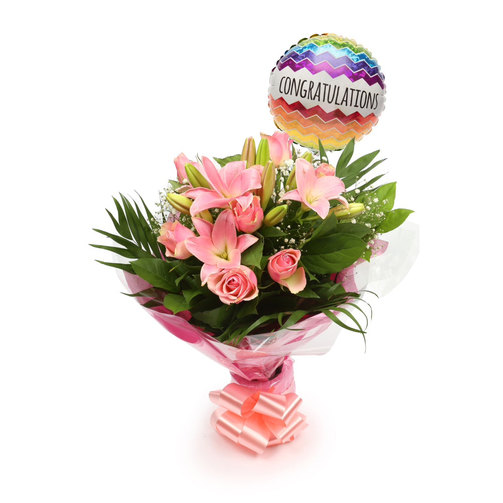 Congratulations Balloon & Pink Jewel FlowersThis Beautiful Bouquet with Balloon, carefully selected flowers with foliage are expertly arranged to create this dramatic design. This stunning gift is the ultimate gift to create an impression. Beautifully wra