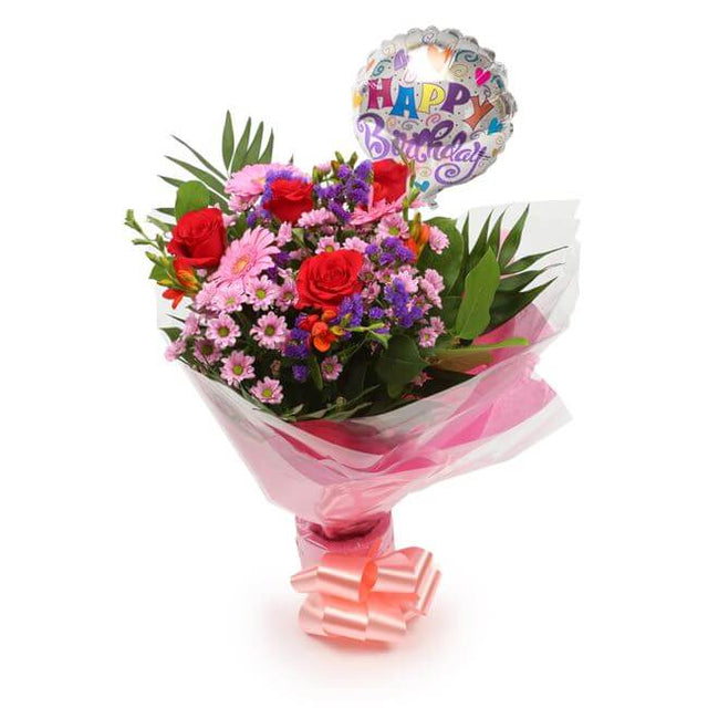 Birthday Balloon & Red Blush FlowersThis Beautiful Bouquet with Balloon, carefully selected flowers with foliage are expertly arranged to create this dramatic design. This stunning gift is the ultimate gift to create an impression. Beautifully wrapped and