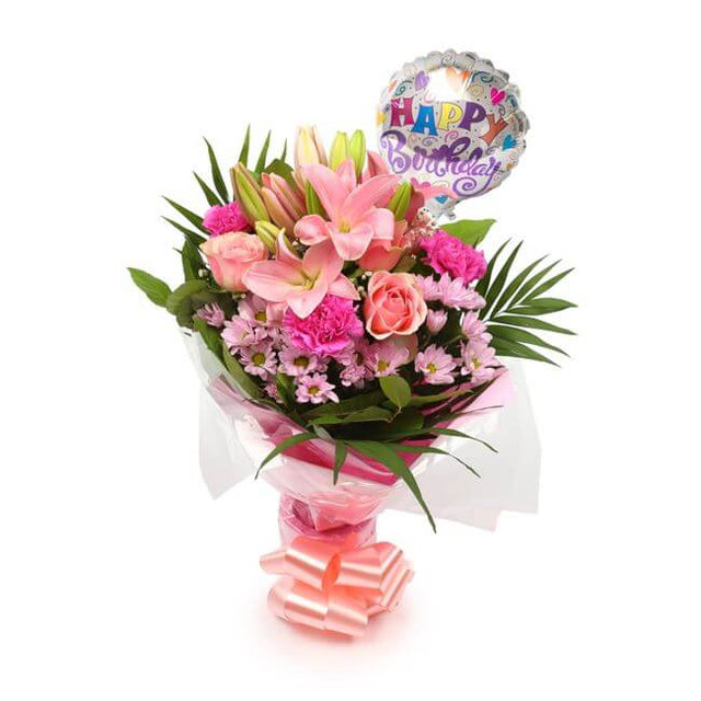 Birthday Balloon & Pink Candy FlowersThis Beautiful Bouquet with Balloon, carefully selected flowers with foliage are expertly arranged to create this dramatic design. This stunning gift is the ultimate gift to create an impression. Beautifully wrapped an