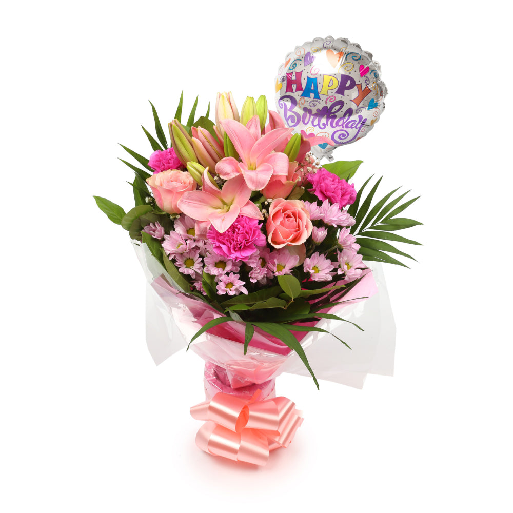 Birthday Balloon & Pink Candy FlowersThis Beautiful Bouquet with Balloon, carefully selected flowers with foliage are expertly arranged to create this dramatic design. This stunning gift is the ultimate gift to create an impression. Beautifully wrapped an