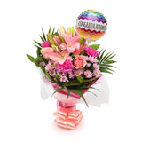 Congratulations Balloon & Pink Candy FlowersThis Beautiful Bouquet with Balloon, carefully selected flowers with foliage are expertly arranged to create this dramatic design. This stunning gift is the ultimate gift to create an impression. Beautifully wra