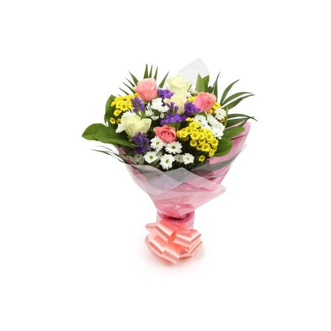 Sweet Floral BouquetThis Beautiful Bouquet, carefully selected flowers with foliage are expertly arranged to create this dramatic design. This stunning gift is the ultimate gift to create an impression. Beautifully wrapped and tied with ribbon before bein