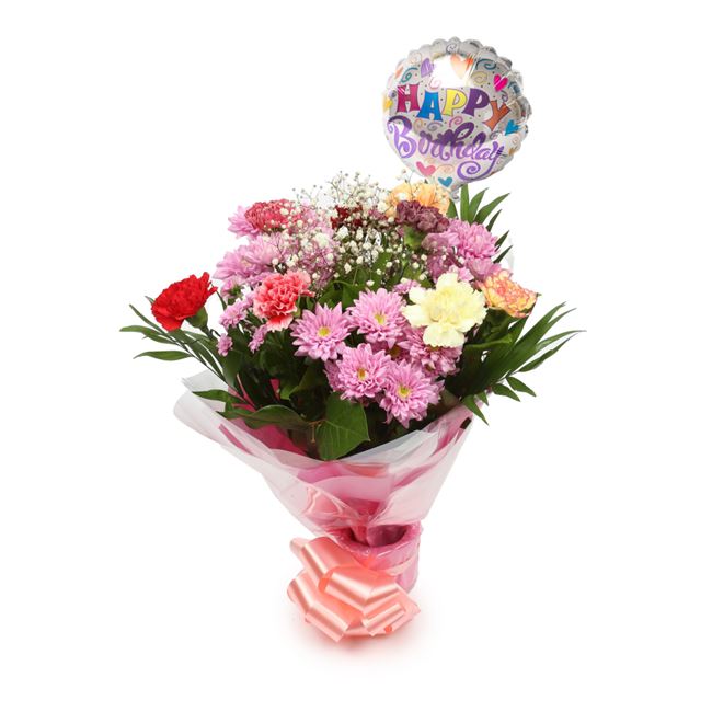 Birthday Balloon & Confetti Bouquet FlowersThis Beautiful Bouquet, carefully selected flowers with foliage are expertly arranged to create this dramatic design. This stunning gift is the ultimate gift to create an impression. Beautifully wrapped and tied