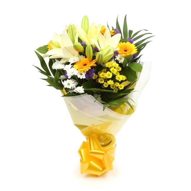 Sunshine Gold BouquetThis Beautiful Bouquet, carefully selected flowers with foliage are expertly arranged to create this dramatic design. This stunning gift is the ultimate gift to create an impression. Beautifully wrapped and tied with ribbon before bei