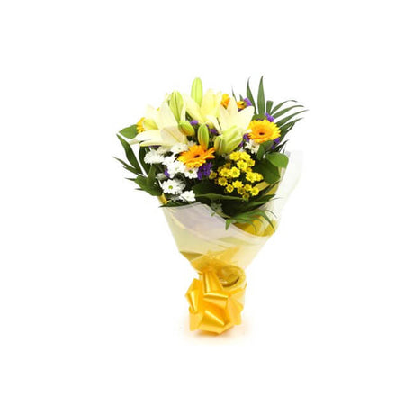Sunshine Gold BouquetThis Beautiful Bouquet, carefully selected flowers with foliage are expertly arranged to create this dramatic design. This stunning gift is the ultimate gift to create an impression. Beautifully wrapped and tied with ribbon before bei