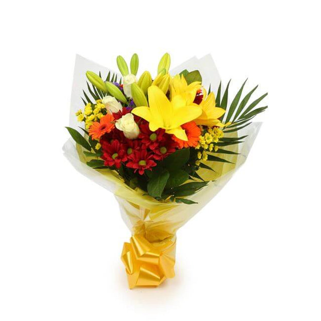 Sun Delight BouquetThis Beautiful Bouquet, carefully selected flowers with foliage are expertly arranged to create this dramatic design. This stunning gift is the ultimate gift to create an impression. Beautifully wrapped and tied with ribbon before being