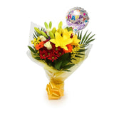 Birthday Balloon & Sun Delight FlowersBalloon & This Beautiful Bouquet, carefully selected flowers with foliage are expertly arranged to create this dramatic design. This stunning gift is the ultimate gift to create an impression. Beautifully wrapped and