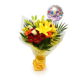 Birthday Balloon & Sun Delight FlowersBalloon & This Beautiful Bouquet, carefully selected flowers with foliage are expertly arranged to create this dramatic design. This stunning gift is the ultimate gift to create an impression. Beautifully wrapped and