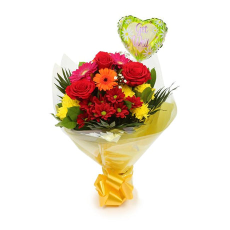 Get Well Balloon & Beauty Blooms FlowersThis Beautiful Bouquet, carefully selected flowers with foliage are expertly arranged to create this dramatic design. This stunning gift is the ultimate gift to create an impression. Beautifully wrapped and tied wit