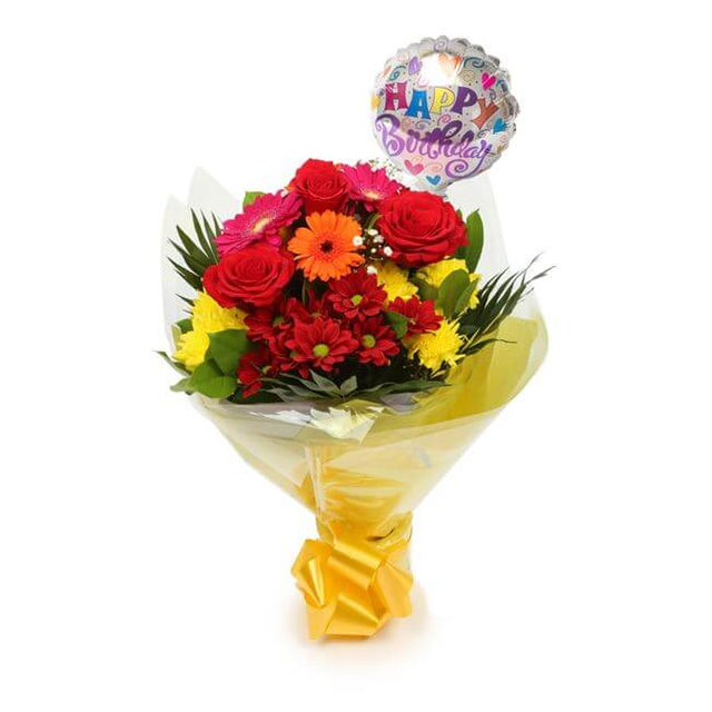 Birthday Balloon & Beauty Blooms Bouquet FlowersThis Beautiful Bouquet, carefully selected flowers with foliage are expertly arranged to create this dramatic design. This stunning gift is the ultimate gift to create an impression. Beautifully wrapped and