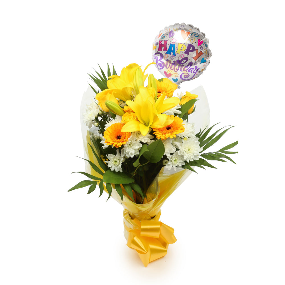 Birthday Balloon & Lovely Lemon FlowersThis Beautiful Bouquet, carefully selected flowers with foliage are expertly arranged to create this dramatic design. This stunning gift is the ultimate gift to create an impression. Beautifully wrapped and tied with