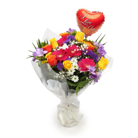 Love You Balloon & Brilliant Blooms BouquetThis Beautiful Bouquet, carefully selected flowers with foliage are expertly arranged to create this dramatic design. This stunning gift is the ultimate gift to create an impression. Beautifully wrapped and tied