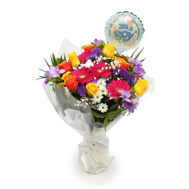Its A Boy Balloon & Brilliant Blooms FlowersThis Beautiful Bouquet, carefully selected flowers with foliage are expertly arranged to create this dramatic design. This stunning gift is the ultimate gift to create an impression. Beautifully wrapped and tied