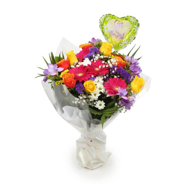 Get Well Balloon & Brilliant Blooms FlowersThis Beautiful Bouquet, carefully selected flowers with foliage are expertly arranged to create this dramatic design. This stunning gift is the ultimate gift to create an impression. Beautifully wrapped and tied