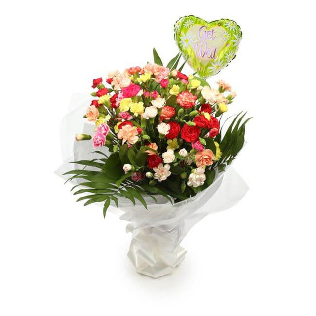 Get Well Balloon & Multi Colour star FlowersThis Beautiful Bouquet, carefully selected flowers with foliage are expertly arranged to create this dramatic design. This stunning gift is the ultimate gift to create an impression. Beautifully wrapped and tied