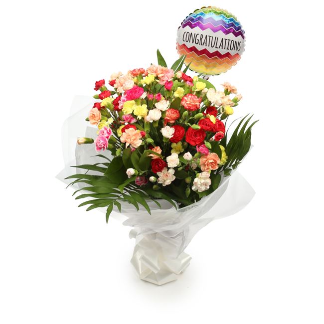 Congratulations Balloon & Multi Coloured Star FlowersThis Beautiful Bouquet, carefully selected flowers with foliage are expertly arranged to create this dramatic design. This stunning gift is the ultimate gift to create an impression. Beautifully wrapped