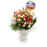 Congratulations Balloon & Multi Coloured Star FlowersThis Beautiful Bouquet, carefully selected flowers with foliage are expertly arranged to create this dramatic design. This stunning gift is the ultimate gift to create an impression. Beautifully wrapped