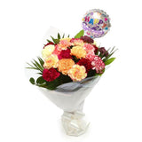 Birthday Balloon & Candy Floss Bouquet FlowersThis Beautiful Bouquet, carefully selected flowers with foliage are expertly arranged to create this dramatic design. This stunning gift is the ultimate gift to create an impression. Beautifully wrapped and ti