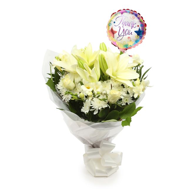 Thank You Balloon & White Elegance BouquetThis Beautiful Bouquet, carefully selected flowers with foliage are expertly arranged to create this dramatic design. This stunning gift is the ultimate gift to create an impression. Beautifully wrapped and tied w