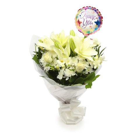 Thank You Balloon & White Elegance BouquetThis Beautiful Bouquet, carefully selected flowers with foliage are expertly arranged to create this dramatic design. This stunning gift is the ultimate gift to create an impression. Beautifully wrapped and tied w