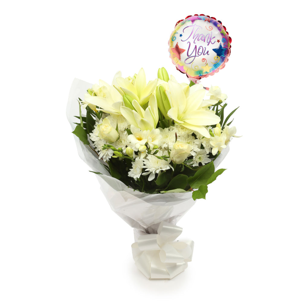 Thank You Balloon & White Elegance BouquetThis Beautiful Bouquet, carefully selected flowers with foliage are expertly arranged to create this dramatic design. This stunning gift is the ultimate gift to create an impression. Beautifully wrapped and tied w