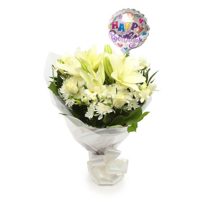 Birthday Balloon & White Elegance FlowersThis Beautiful Bouquet, carefully selected flowers with foliage are expertly arranged to create this dramatic design. This stunning gift is the ultimate gift to create an impression. Beautifully wrapped and tied wi