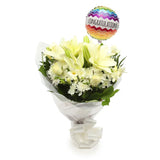 Congratulations Balloon & White Elegance FlowersThis Beautiful Bouquet, carefully selected flowers with foliage are expertly arranged to create this dramatic design. This stunning gift is the ultimate gift to create an impression. Beautifully wrapped and
