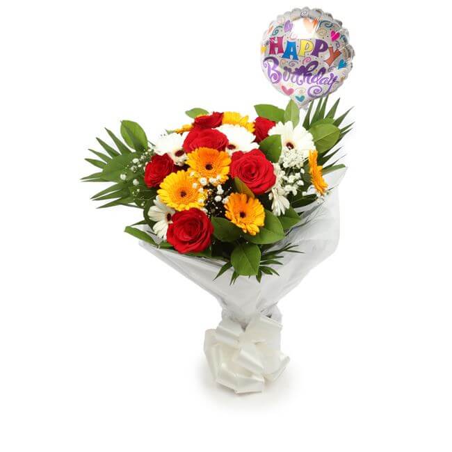 Birthday Balloon & Celebration Bouquet FlowersThis Beautiful Bouquet, carefully selected flowers with foliage are expertly arranged to create this dramatic design. This stunning gift is the ultimate gift to create an impression. Beautifully wrapped and ti