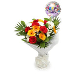 Birthday Balloon & Celebration Bouquet FlowersThis Beautiful Bouquet, carefully selected flowers with foliage are expertly arranged to create this dramatic design. This stunning gift is the ultimate gift to create an impression. Beautifully wrapped and ti