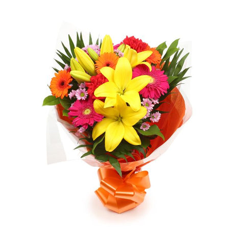 Summer Sun BouquetThis Beautiful Bouquet, carefully selected flowers with foliage are expertly arranged to create this dramatic design. This stunning gift is the ultimate gift to create an impression. Beautifully wrapped and tied with ribbon before being