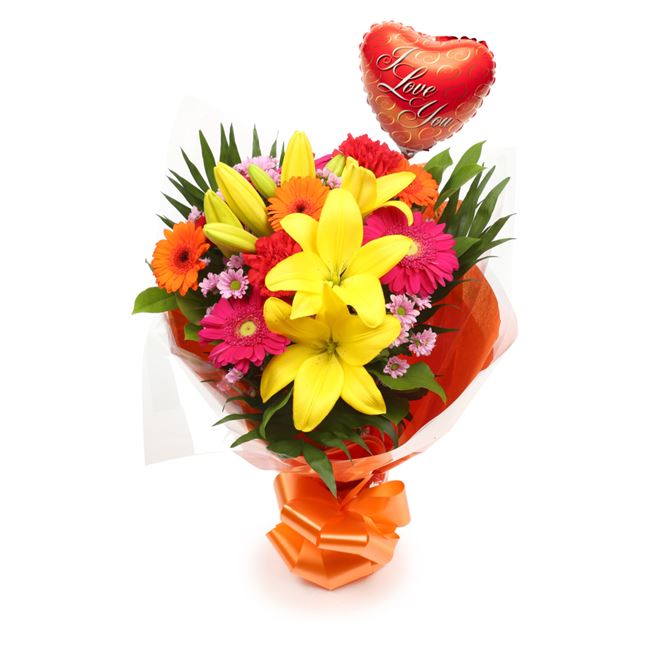 Love Balloon & Summer Sun BouquetThis Beautiful Bouquet, carefully selected flowers with foliage are expertly arranged to create this dramatic design. This stunning gift is the ultimate gift to create an impression. Beautifully wrapped and tied with ribbo